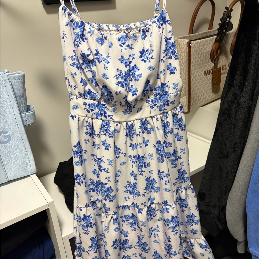 SHEIN White Floral Mini Dress with Blue Print